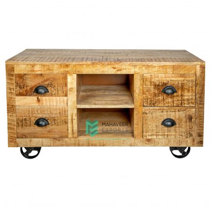 4 Drawers Rustic T.V. Cabinet on Iron Wheels - ME10092