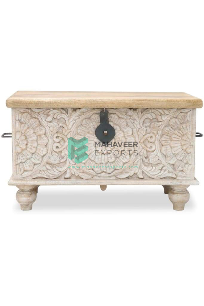 White Washed Carved Chest Box - MEC0060
