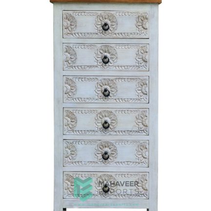 6 Drawers Carved White Distressed Tallboy Chest of Drawer
