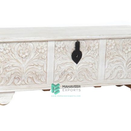 White Distressed Wooden Carved Chest Box