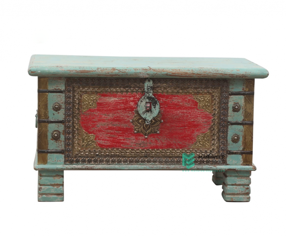 Brass Inlay Green Red Wooden Chest Box