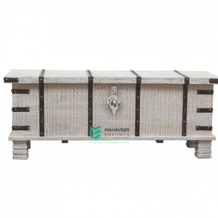 White Distressed Iron Fitted Wooden Chest Box