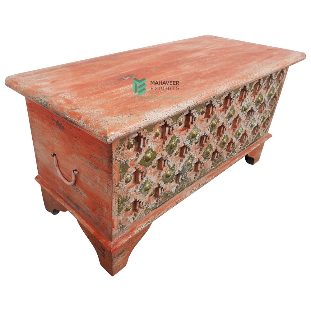 Red Distressed Bakhra Carved Wooden Chest Box