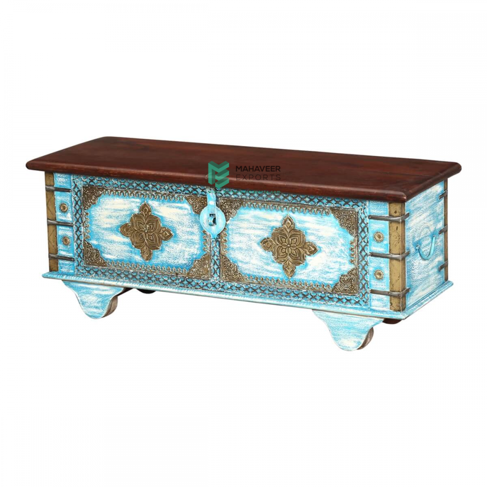 White and Blue Distressed Brass Inlay Wooden Chest Box - ME10506