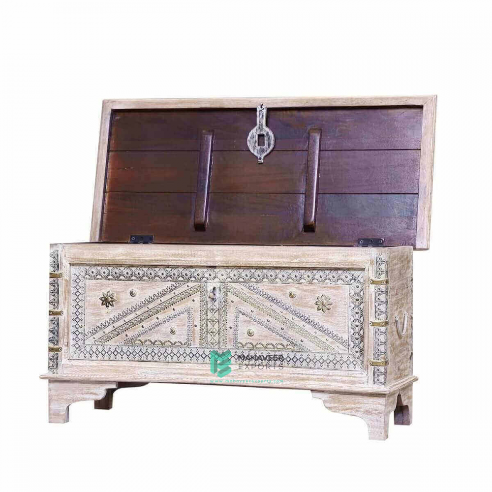 White Wash Distressed Brass Wooden Chest Box