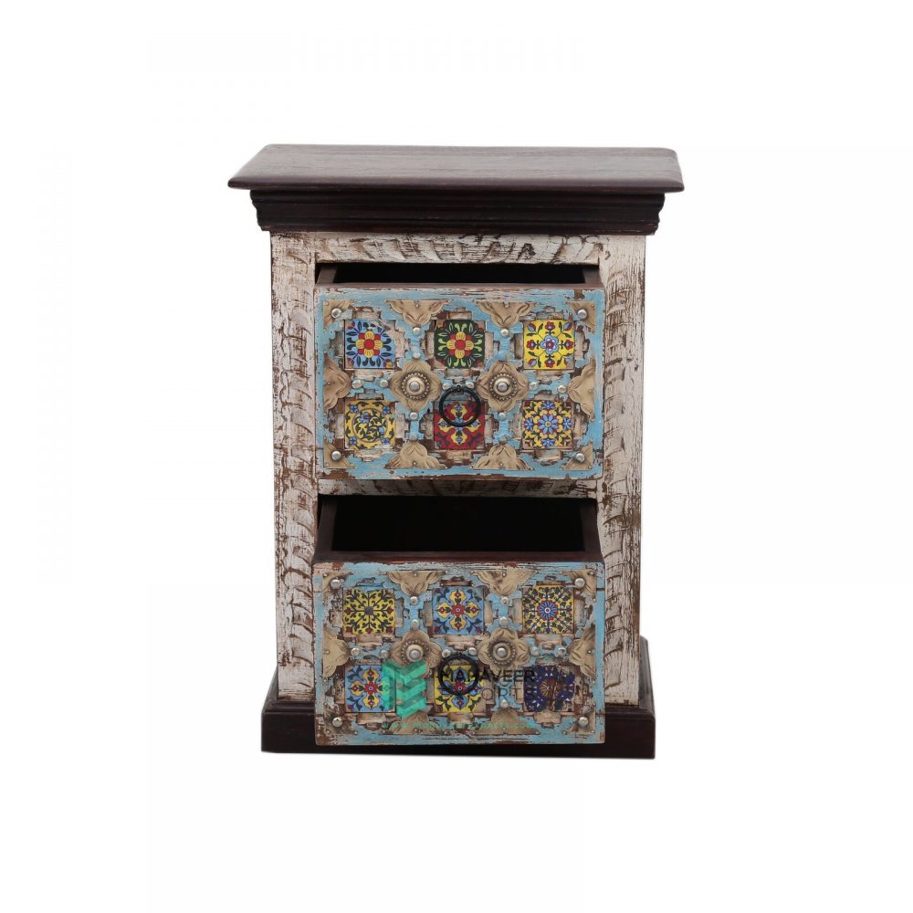 Tile and Brass Inlay 2 Drawer Bedside Table