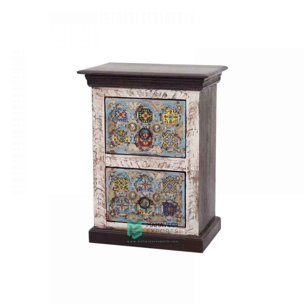 Tile and Brass Inlay 2 Drawer Bedside Table