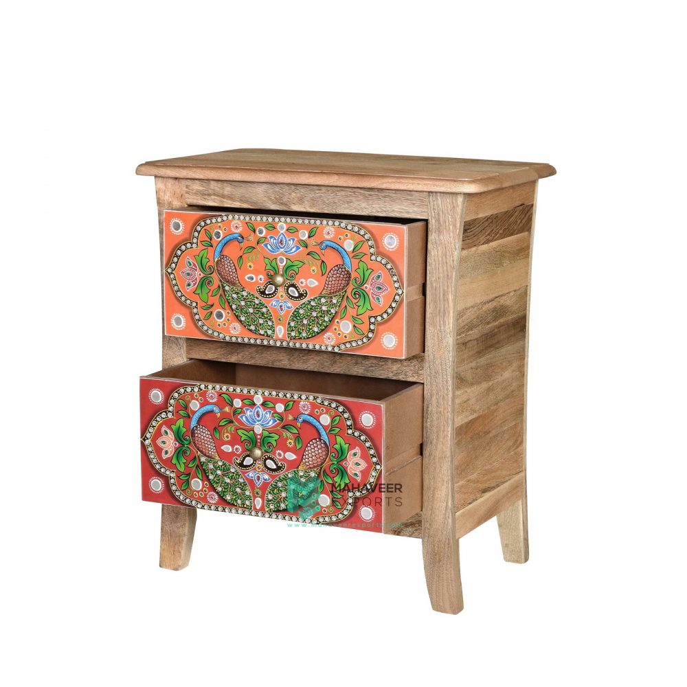 Peacocks Painted 2 Drawer Side Table