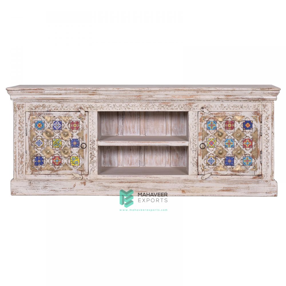 White Distressed Tile & Brass Inlay TV Cabinet