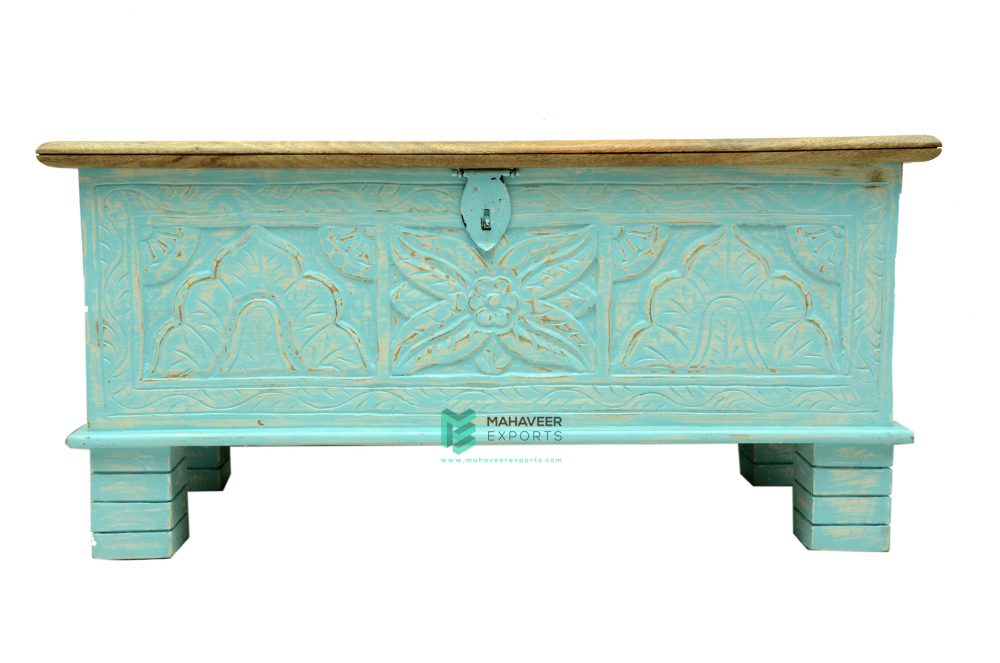 Blue Distressed Wooden Carved Chest Box