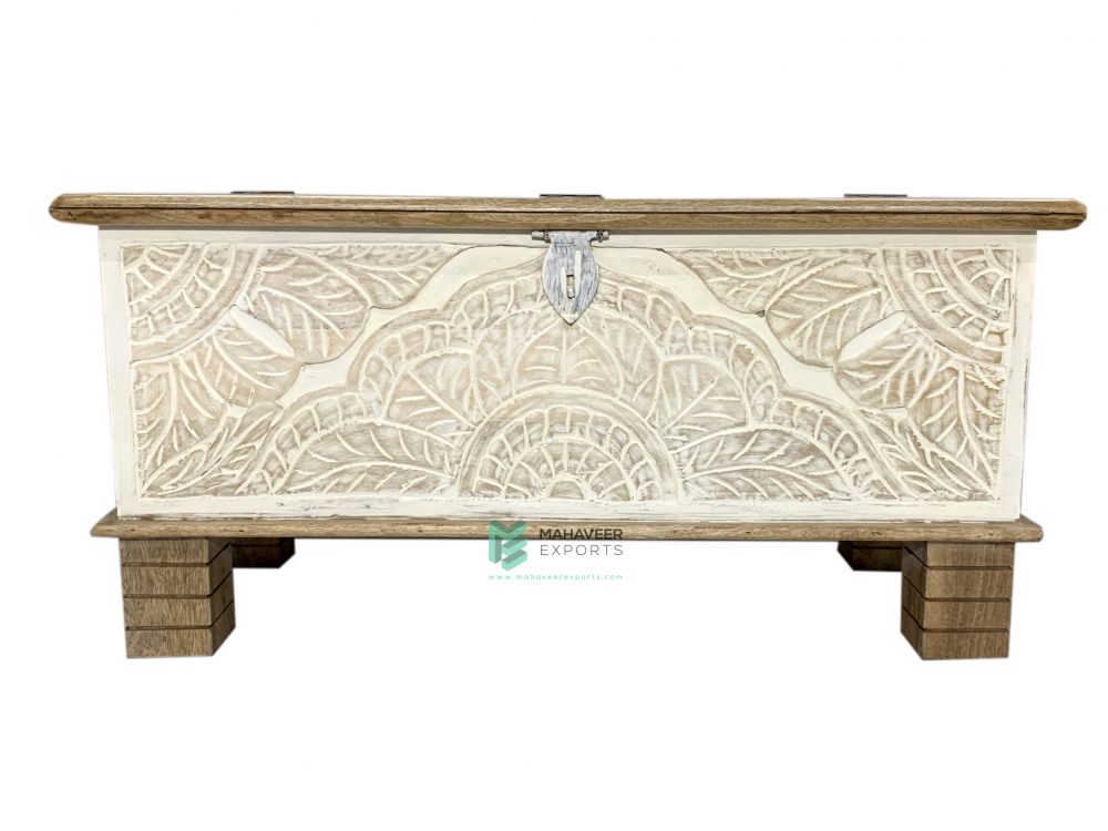 White Distressed Wooden Carved Chest Box