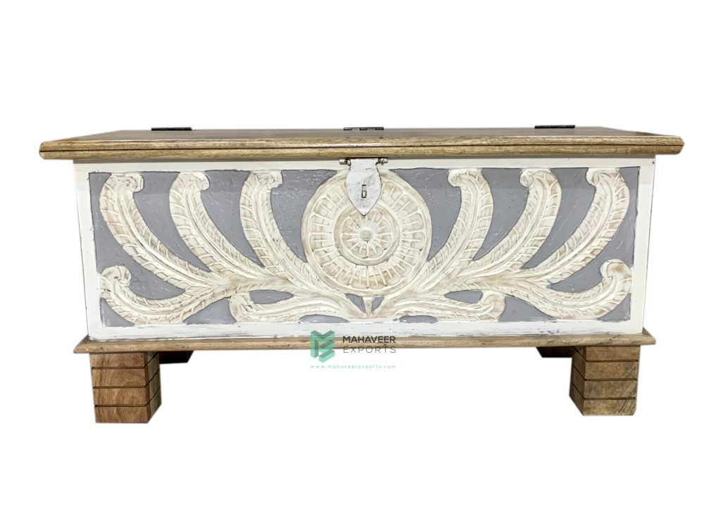 White-Grey Distressed Wooden Carved Chest Box