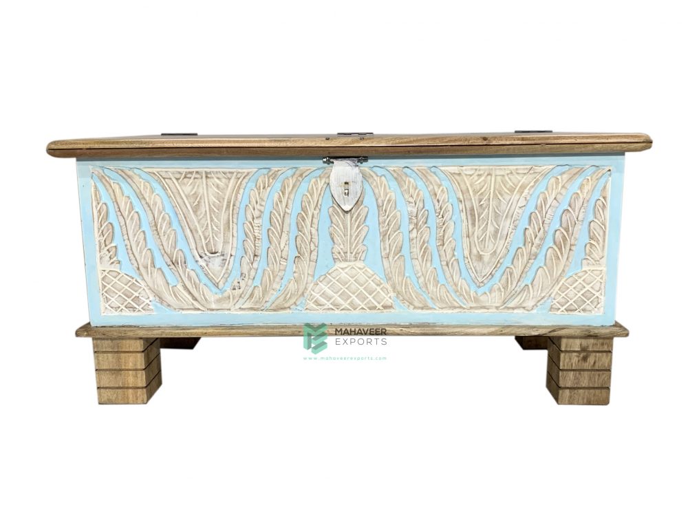 White-Blue Distressed Wooden Carved Chest Box
