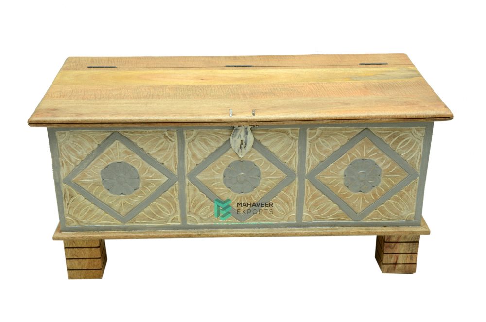 White-Grey Distressed Wooden Carved Chest Box