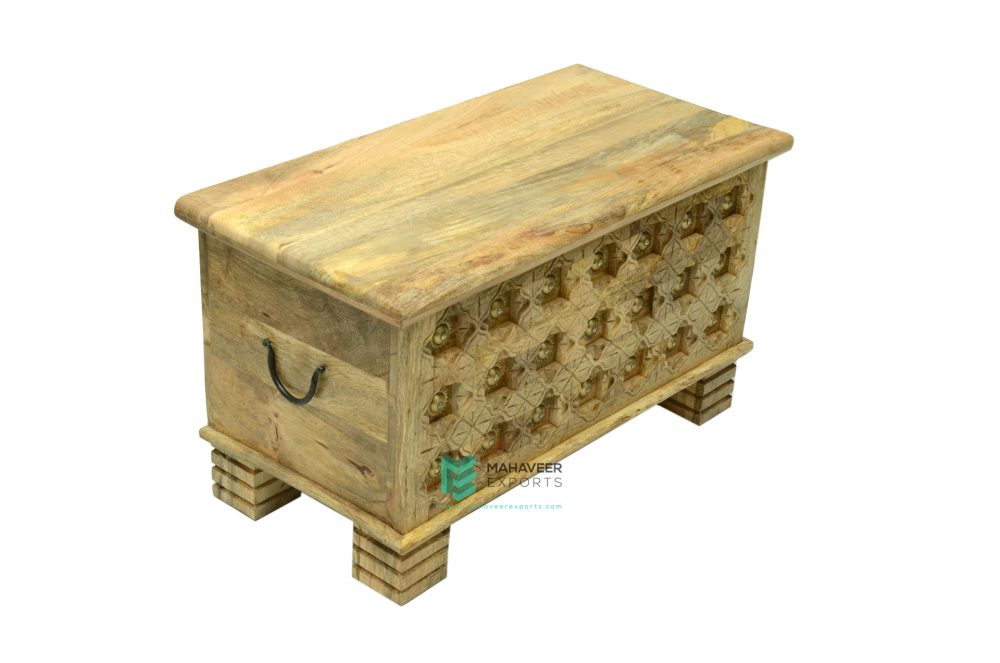 Carved Wooden Chest Box With Brass