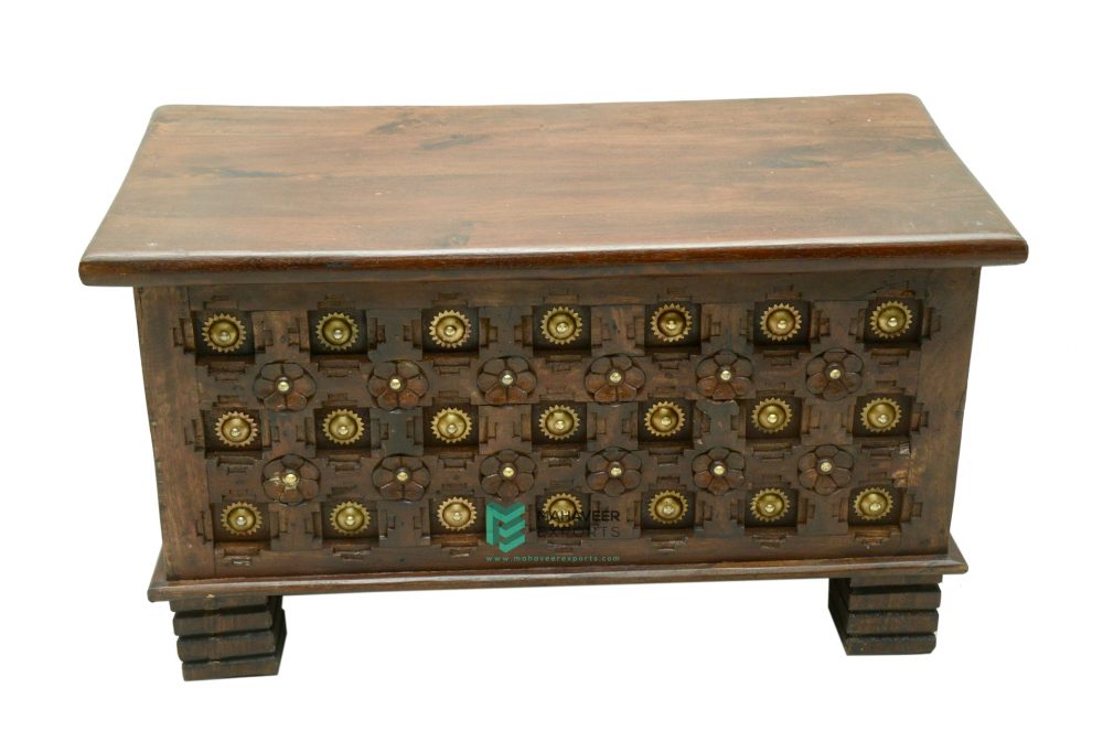 Bakhra Carved Wooden Chest Box With Brass