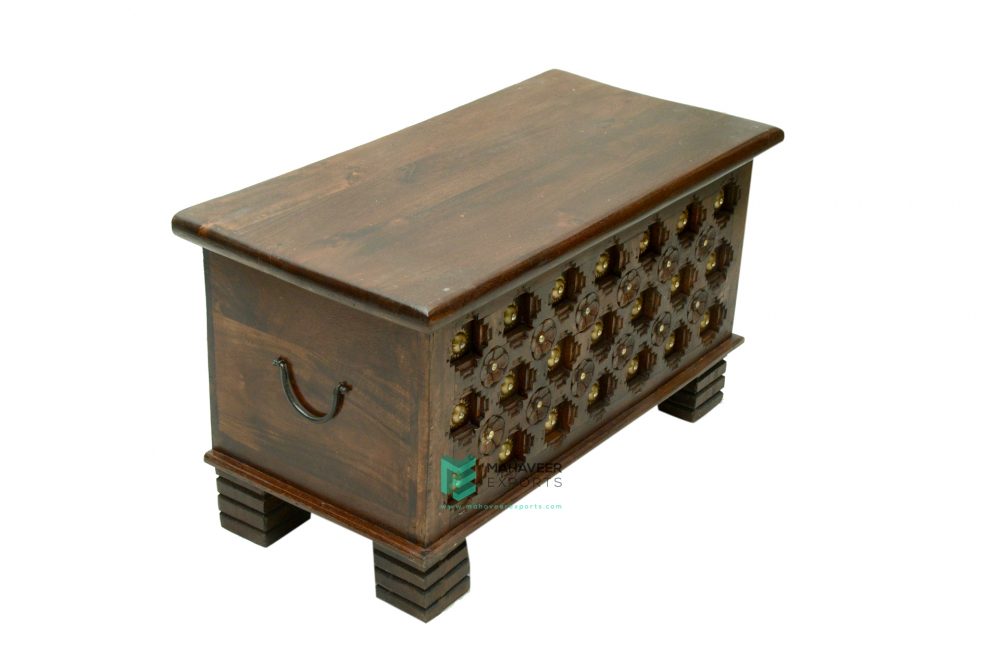Bakhra Carved Wooden Chest Box With Brass