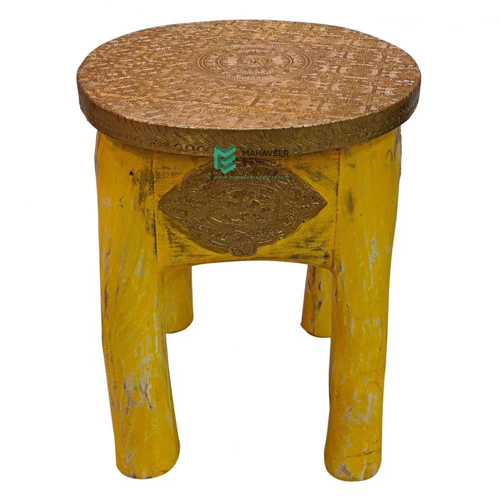 Yellow Distressed Wooden Brass Fitted Stool – ME10723