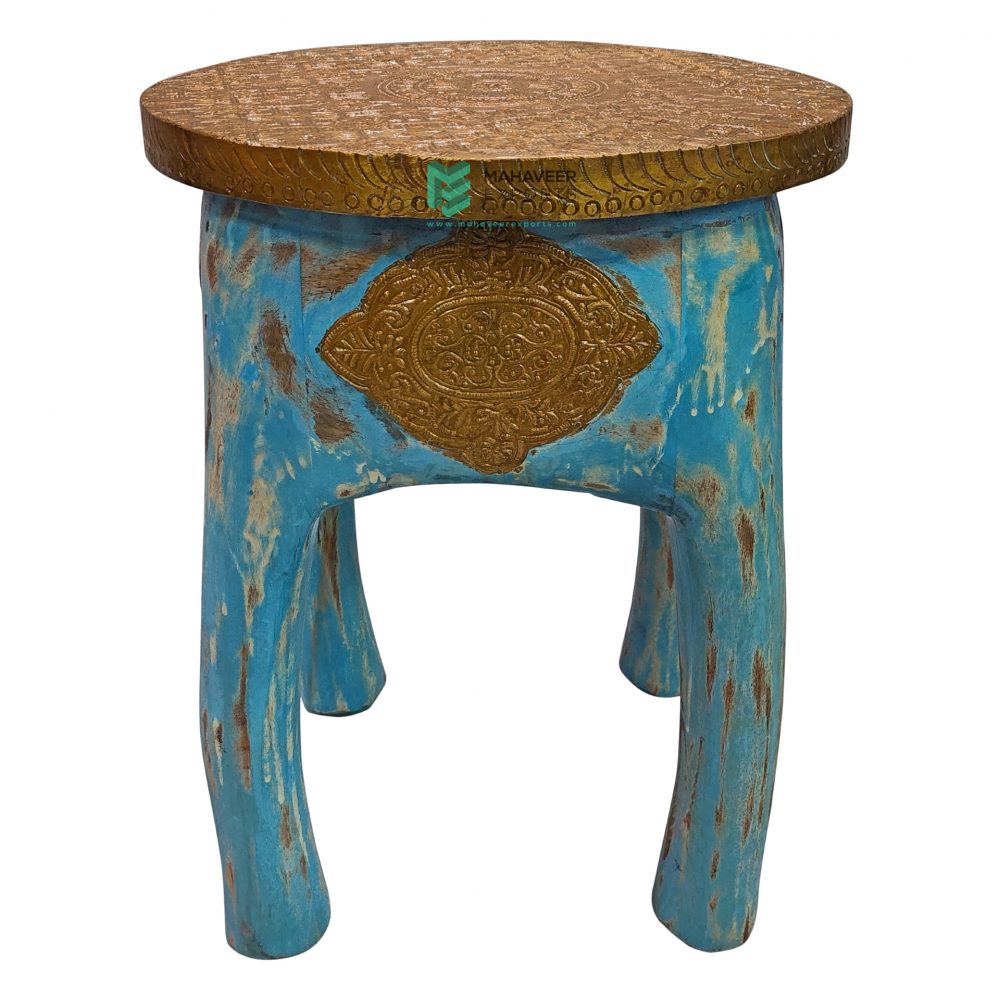 Blue Distressed Wooden Brass Fitted Stool – ME10724