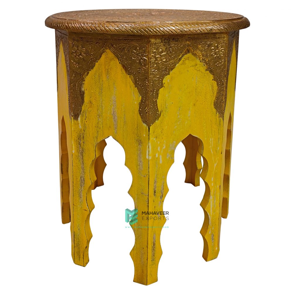 Yellow Distressed Wooden Brass Fitted Stool – ME10727