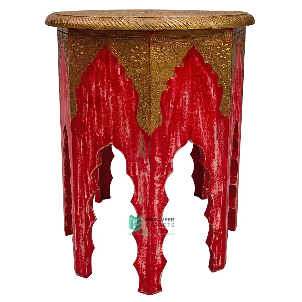 Red Distressed Wooden Brass Fitted Stool – ME10728