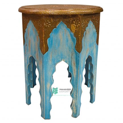 Blue Distressed Wooden Brass Fitted Stool – ME10729