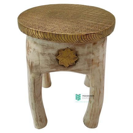 Wooden Stool Brass Fitted White Distressed Finish - ME210340