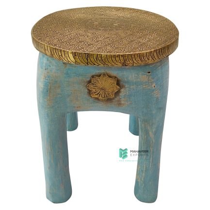 Wooden Stool Brass Fitted Blue Distressed Finish - ME210341