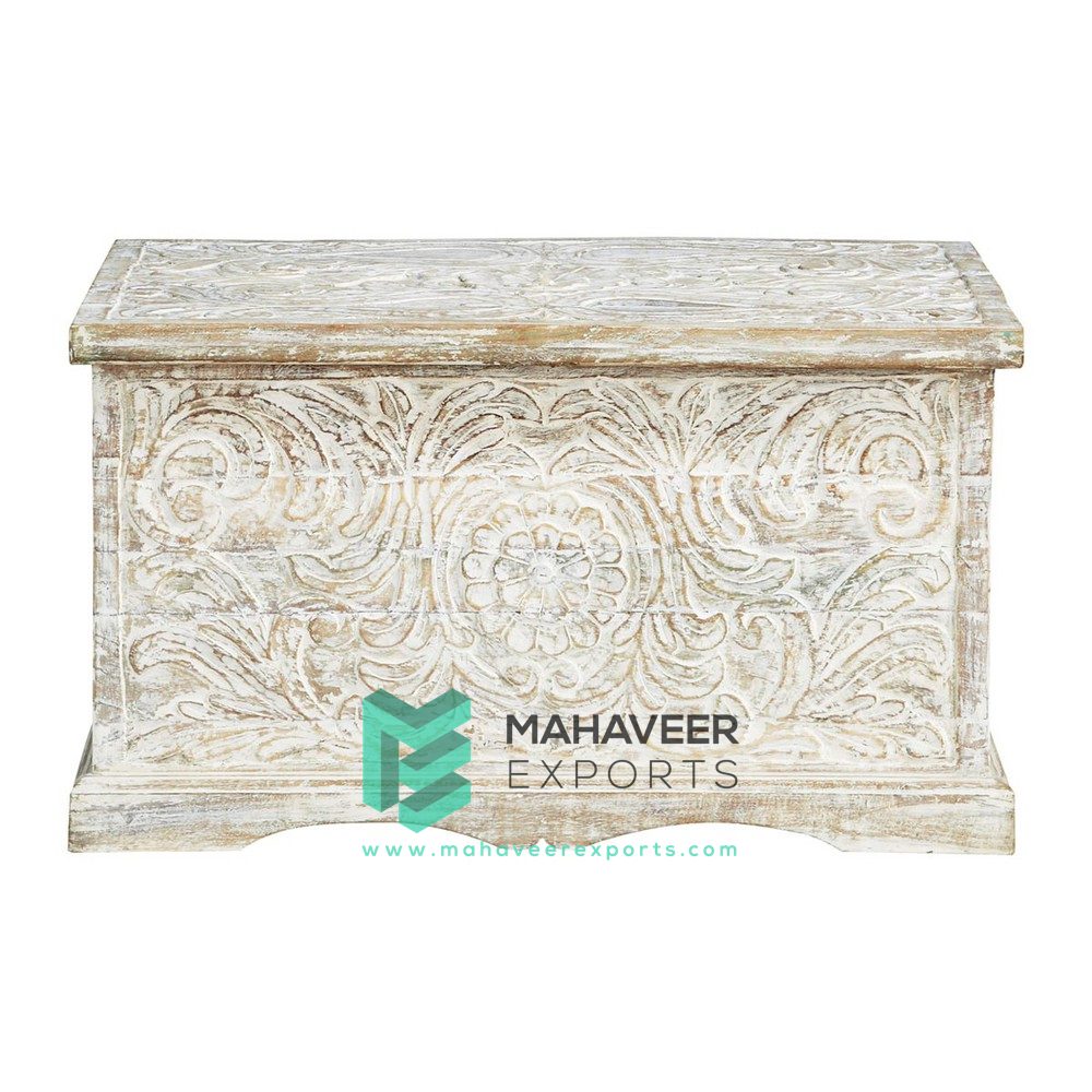 White Washed Carved Chest Box - MEC0028