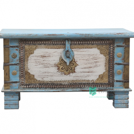 Brass Inlay Blue White Wooden Chest Box