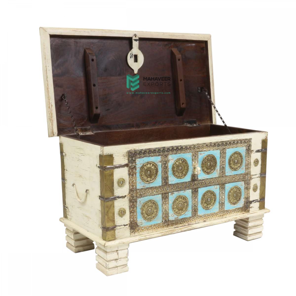 White and Blue Brass Inlay Wooden Chest Box