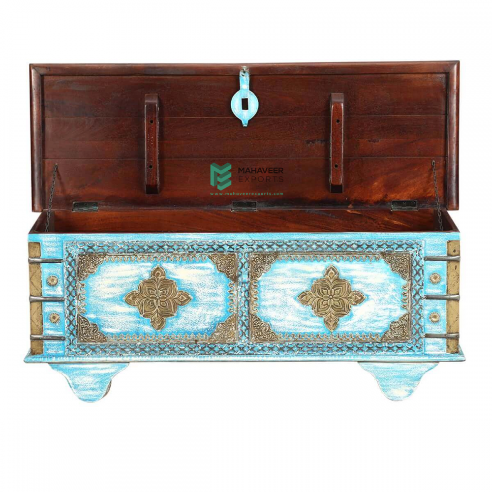 Turquoise and White Distressed Brass Inlay Wooden Chest Box