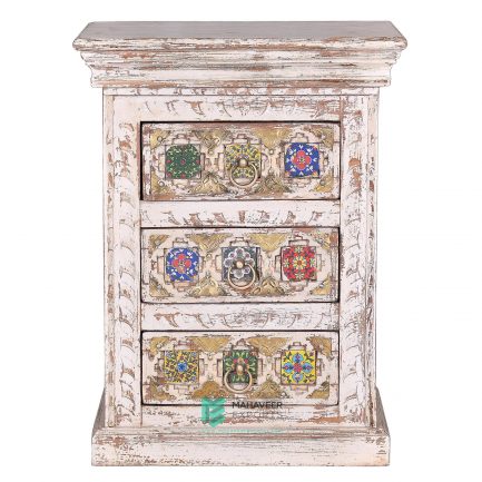 Tile and Brass Inlay 3 Drawer Bedside Table