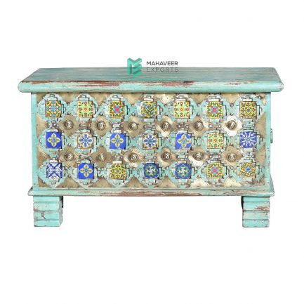 Turquoise Distressed Tile & Brass Inlay Wooden Chest Box