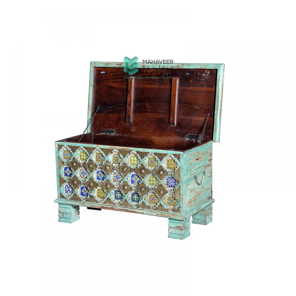 Turquoise Distressed Tile & Brass Inlay Wooden Chest Box