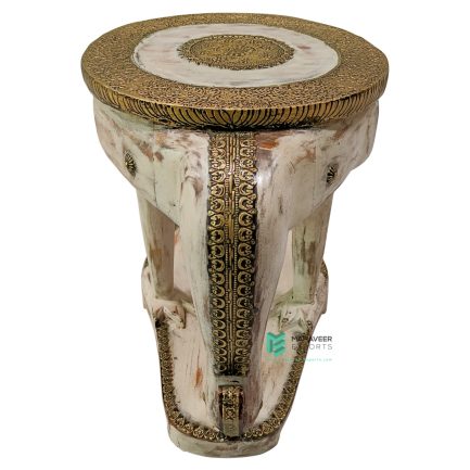 Wooden Peacock Shaped Stool Brass Fitted White Distressed Finish - ME210342