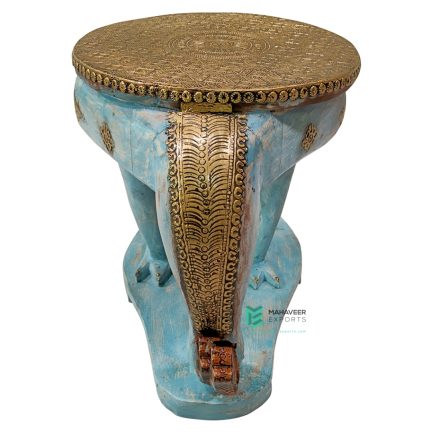 Wooden Peacock Shaped Stool / Ottomans Brass Fitted Blue Distressed Finish - ME210343