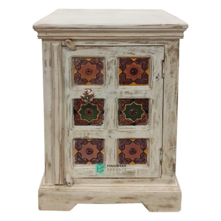 Wooden One Door Bedside Table White Distressed Finish & Ceramic Tiles Fitted - ME210351