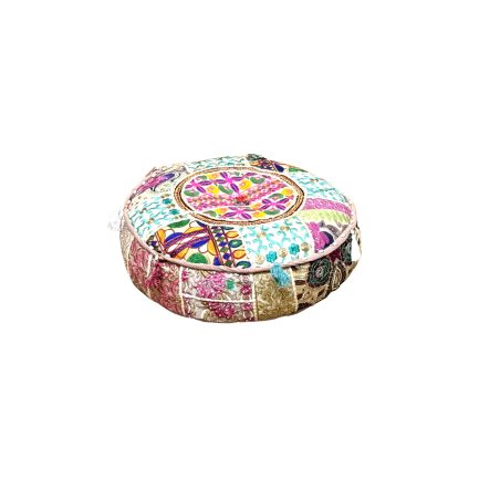 Indian Vintage Kantha Handmade Patchwork Pouf Floor Cushion Gaddi Off White - ME240090041-2