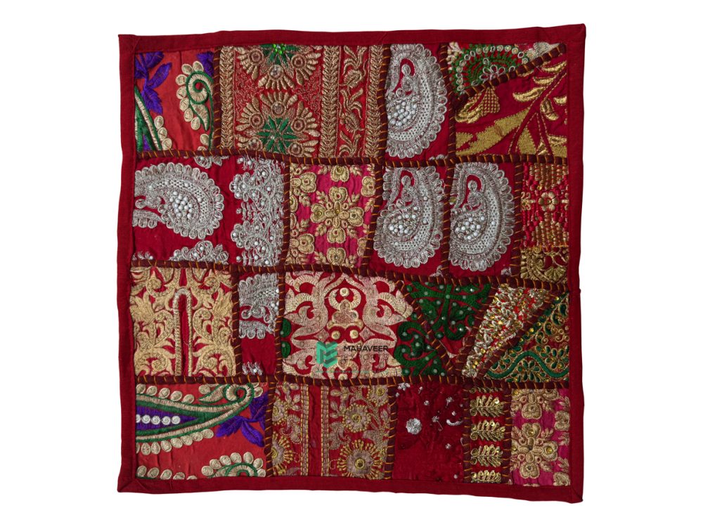 Indian Patchwork Embroidery Designer Cushion Cover Red - ME240019529-1