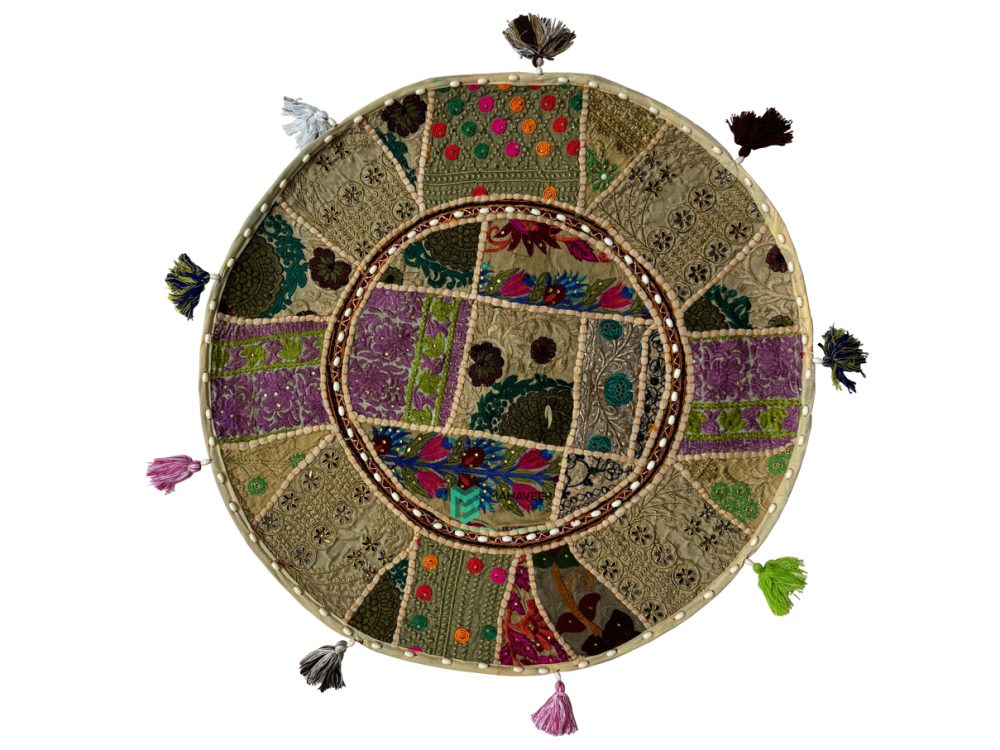 Indian Patchwork Embroidery Round Gaddi Cushion Cover Off White - ME240045009-3