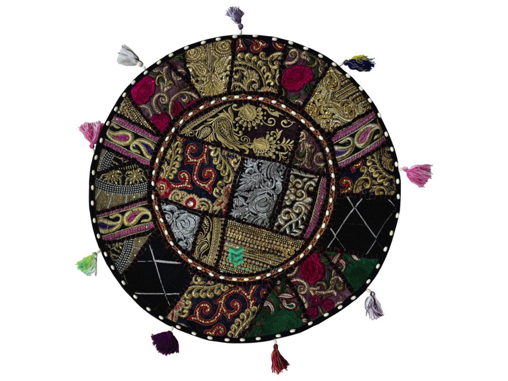 Indian Patchwork Embroidery Round Gaddi Cushion Cover Black - ME240045009-4