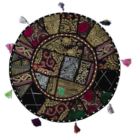 Indian Patchwork Embroidery Round Gaddi Cushion Cover Black - ME240045009-4