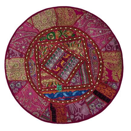 Indian Patchwork Embroidery Round Cushion Cover Pink - ME240075006-4
