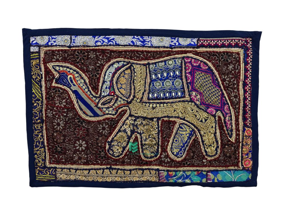 Indian Handmade Embroidery Elephant Design Cotton Wall Hanging / Tapestry Dark Blue - ME240075014-1
