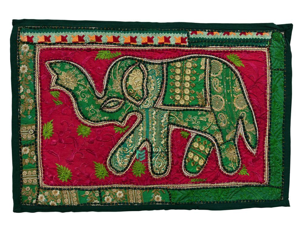 Indian Handmade Embroidery Elephant Design Cotton Wall Hanging / Tapestry Green - ME240075014-2