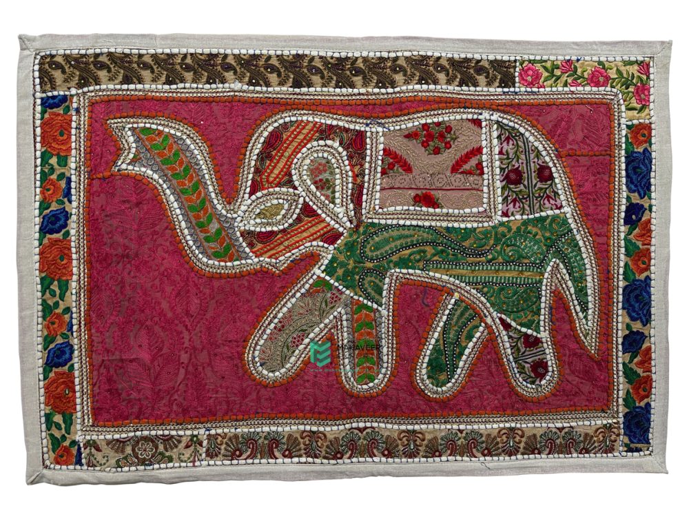 Indian Handmade Embroidery Elephant Design Cotton Wall Hanging / Tapestry Pink - ME240075014-4