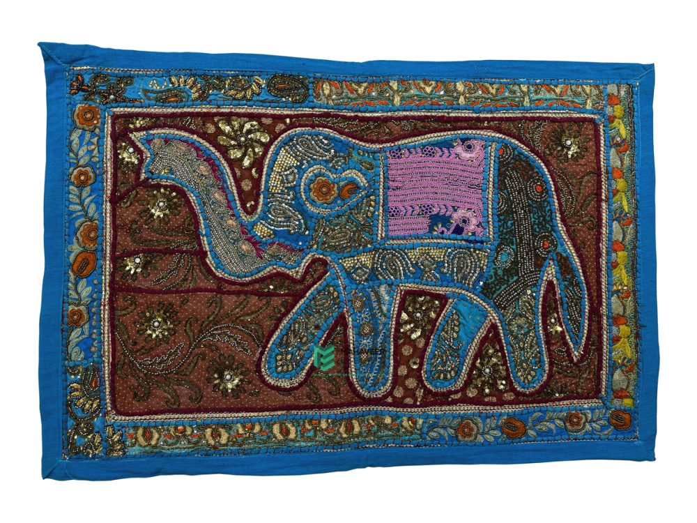 Indian Handmade Embroidery Elephant Design Cotton Wall Hanging / Tapestry Light Blue - ME240075014-5