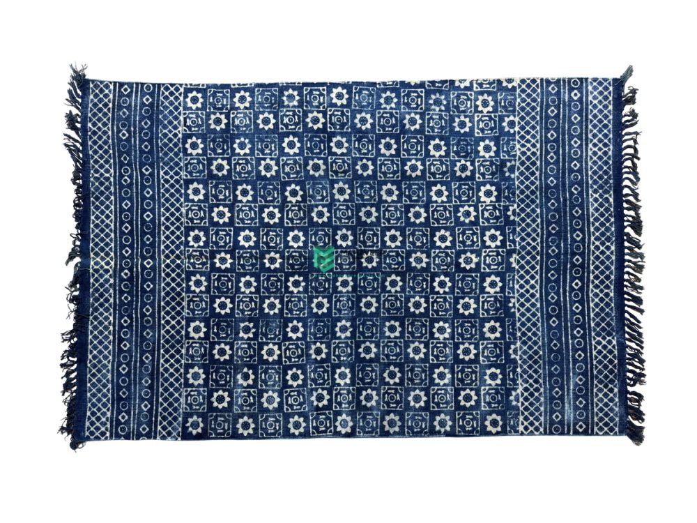 Indian Handloom Hand-woven Mats, Durries, Carpet and Area Rug Cotton Printed Blue & White - ME240288047-3