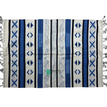 Indian Handloom Hand-woven Mats, Durries, Carpet and Area Rug Cotton Shaggy Blue & White - ME240612031-1